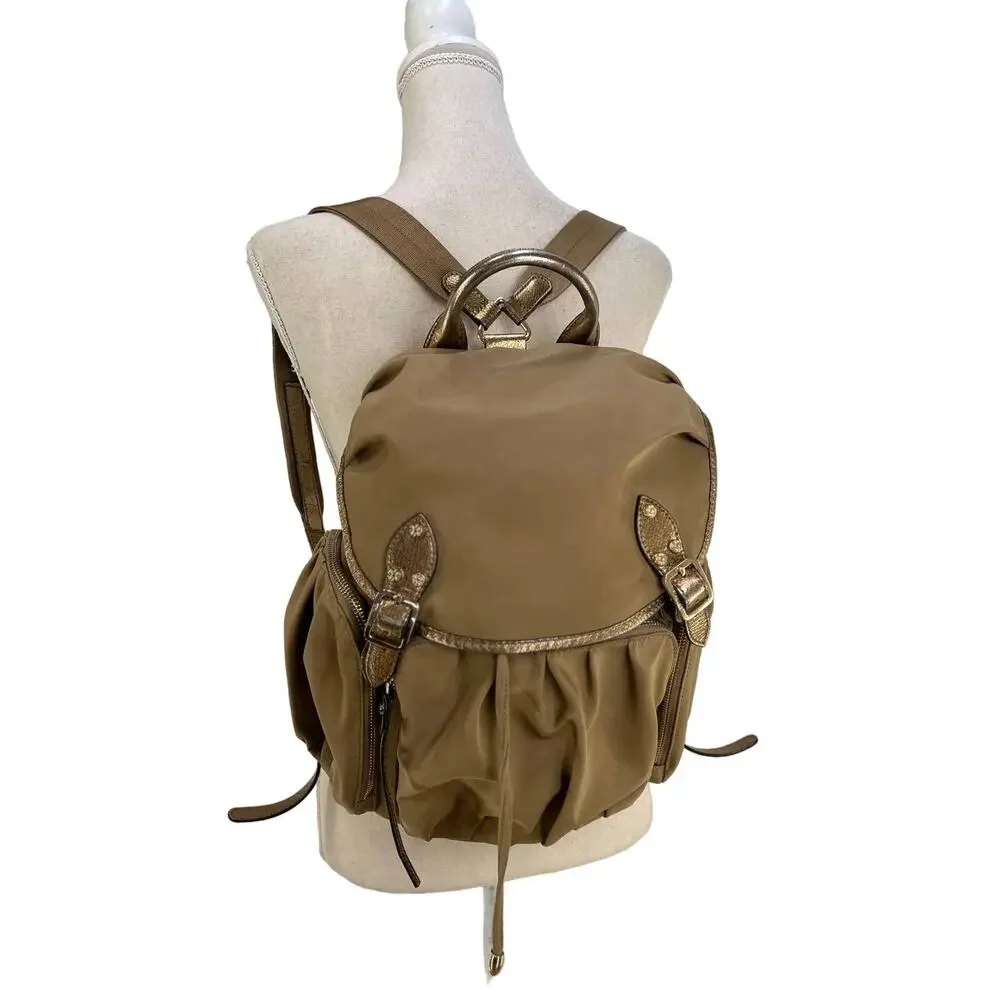 MZ Wallace Marlena Bedford Nylon Drawstring Backpack Tan Metallic Leather Trim